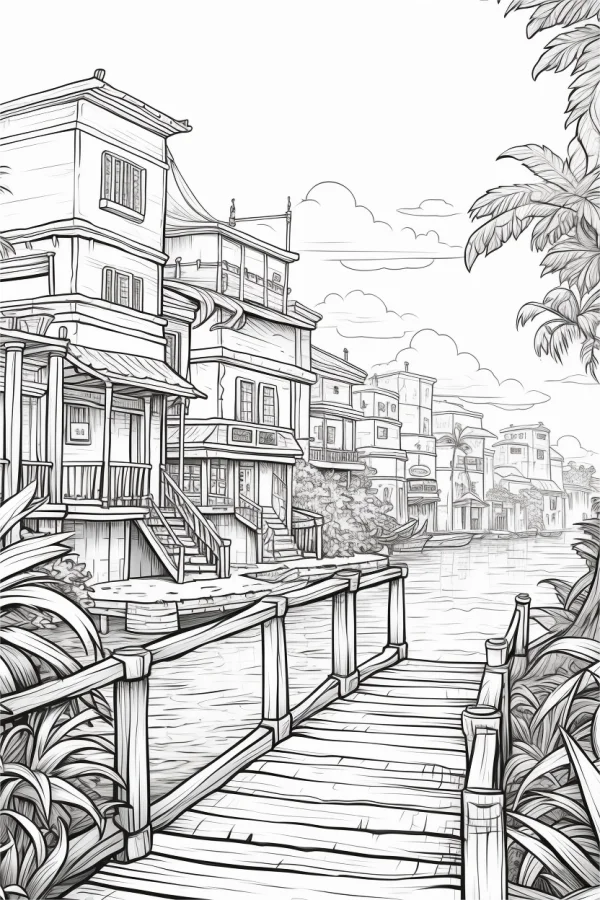 Water town residential buildings with wooden plank road, chinese style — free printable water town coloring book page
