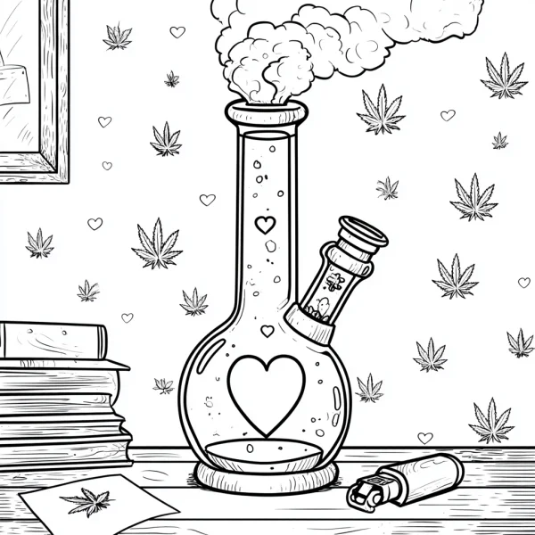 Cannabis bong with heart motifs, black and white hand-drawn line art — free printable cannabis culture coloring book page
