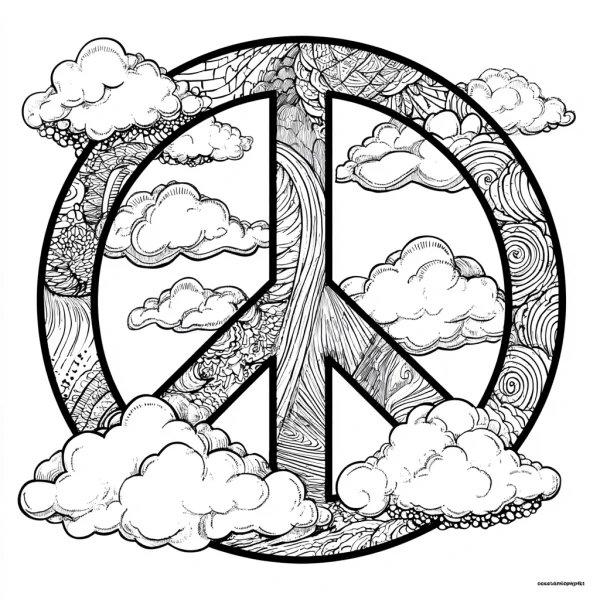 Coloring book page, zentangle-style peace symbol surrounded by fluffy clouds — free printable peace coloring book page
