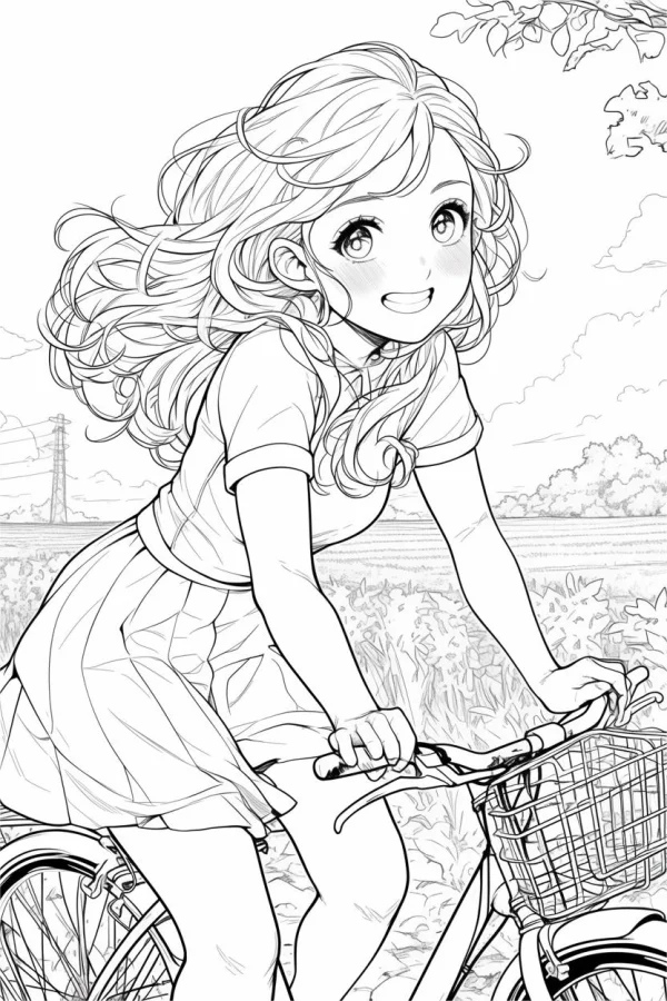 Girl riding bicycle outdoors, anime style — free printable youth coloring book page