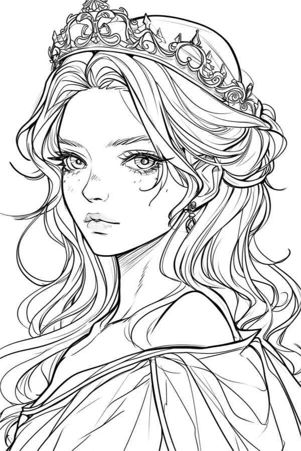 Princess with crown and long wavy hair, anime style — free printable princess coloring book page