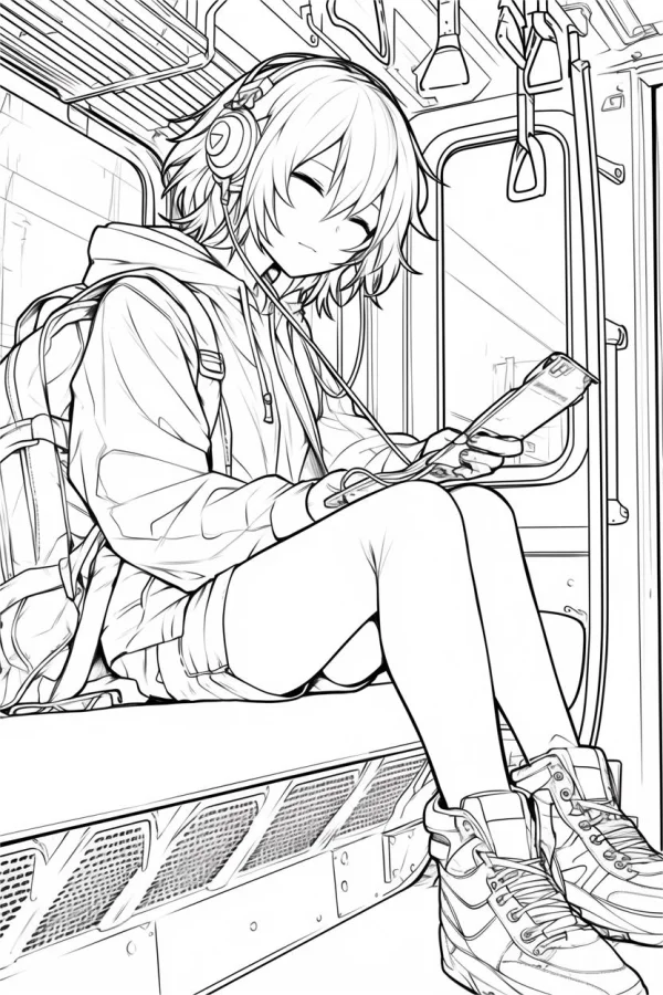 Anime girl with headphones sitting on subway seat, anime style — free printable daily commute coloring book page