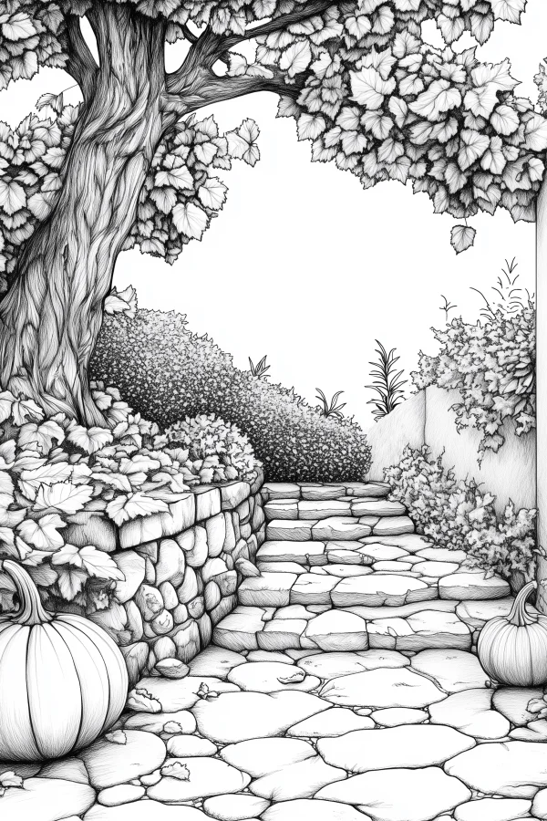 Autumn courtyard with stone steps and pumpkins, realistic line art style — free printable courtyard coloring book page