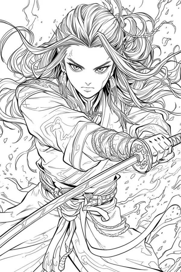 Ancient chinese swordsman boy holding a sword, chinese anime style — free printable martial arts coloring book page
