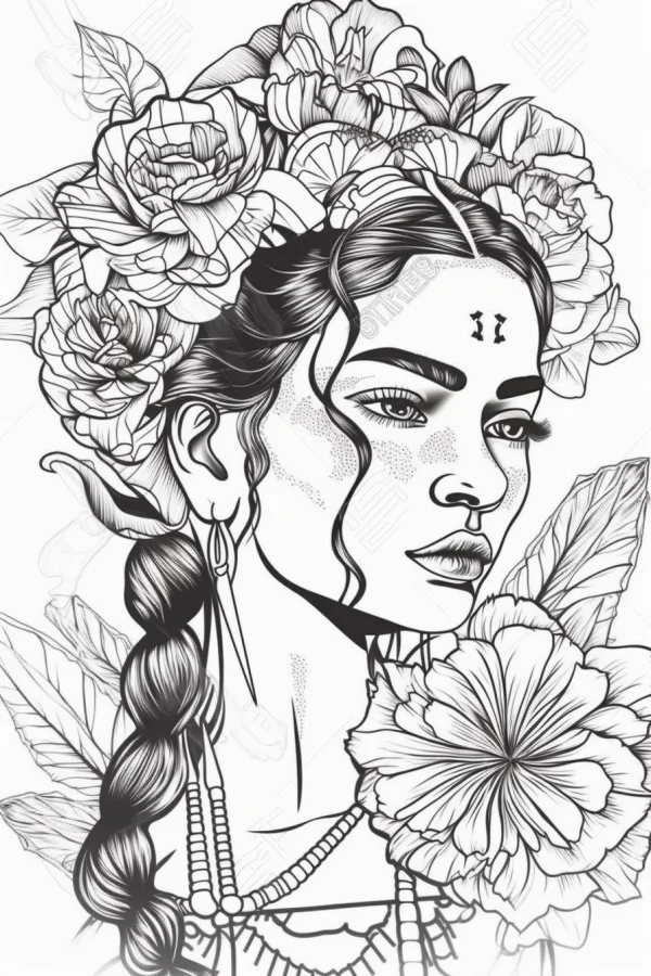 Braided woman with floral headdress, realistic sketch style — free printable bohemian coloring book page