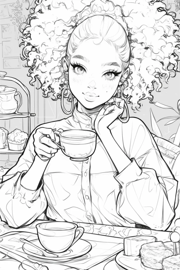 Curly-haired girl having afternoon tea, cartoon illustration style — free printable afternoon tea coloring book page