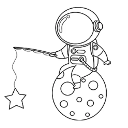 Astronaut sitting on the moon fishing a star, cartoon style — free printable astronaut coloring book page