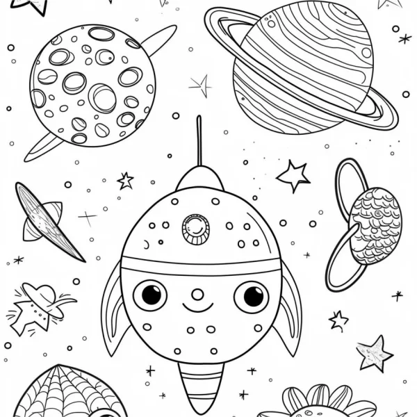 Cute cartoon rocket with various planets, cartoon style — free printable universe coloring book page