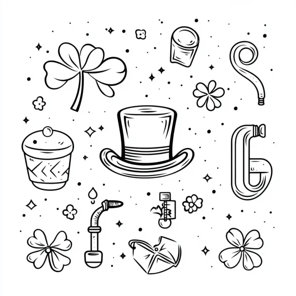 St. patrick's day themed elements including four-leaf clovers, top hat — free printable st. patrick's day coloring book page