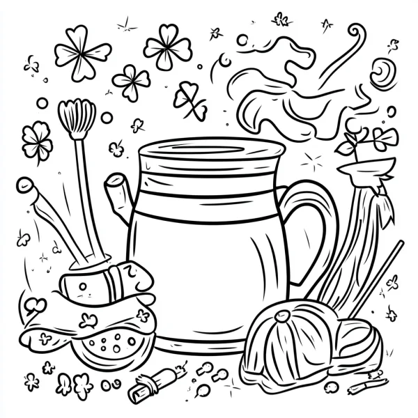 Gardening watering can with matching tools, cartoon style — free printable st. patrick's day coloring book page