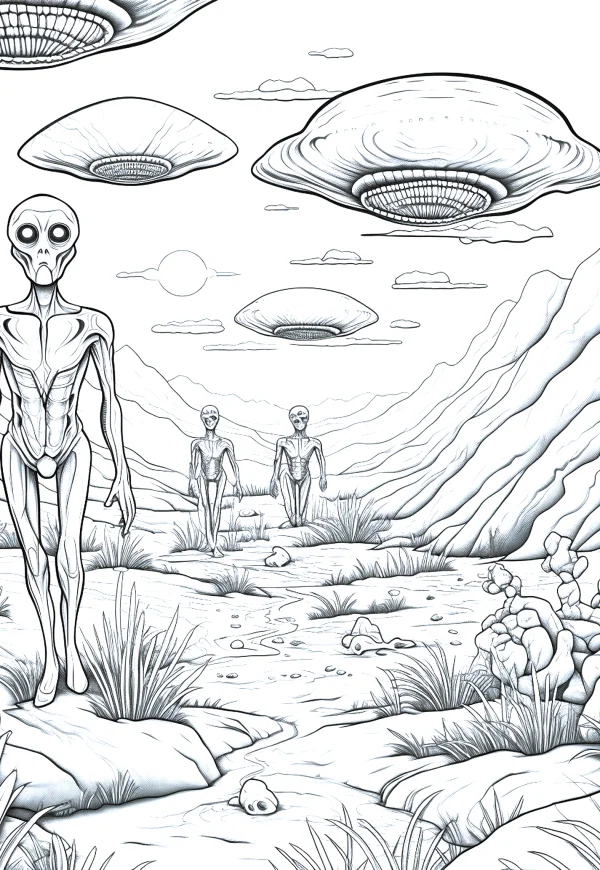 Aliens and flying saucers, sci-fi fantasy style — free printable aliens coloring book page