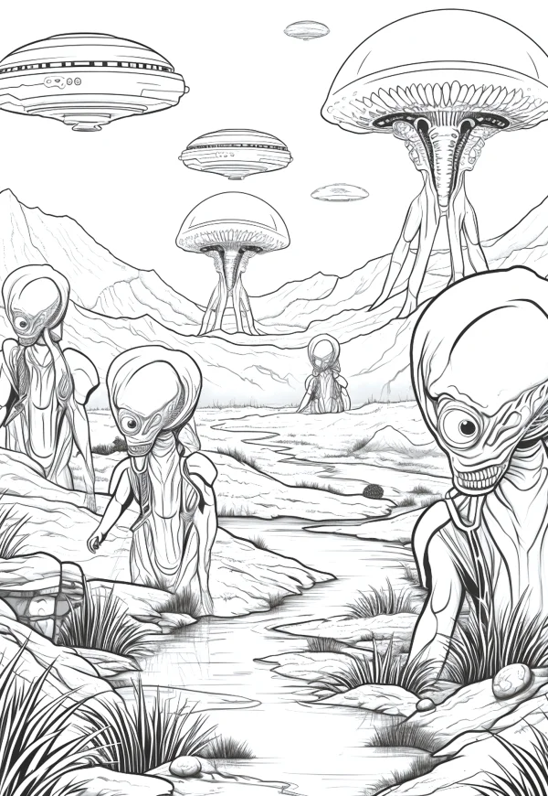 Aliens and ufos on an alien desert planet with mountains, stream — free printable alien landscape coloring book page