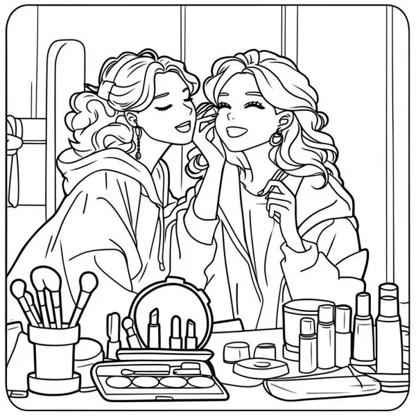Two best friends doing makeup together, cartoon style — free printable beauty coloring book page