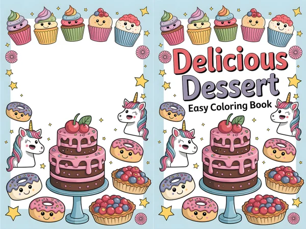 Coloring book spread, cute cartoon dessert collection including layered cake — free printable desserts coloring book page