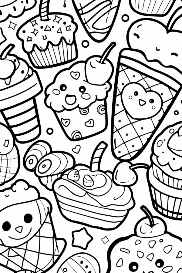 Cute anthropomorphic desserts including cupcakes and ice creams, cartoon kawaii style — free printable cute style coloring book page