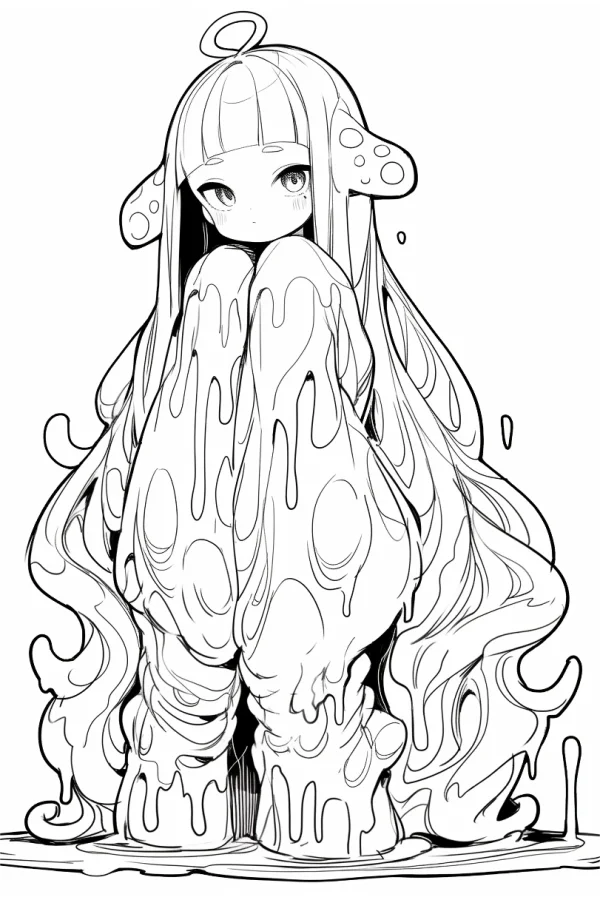 Slime anthropomorphic girl, japanese cartoon style — free printable cartoon characters coloring book page