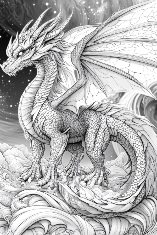 Fantasy giant dragon with detailed scales and wings, fantasy sketch style — free printable dragon coloring book page