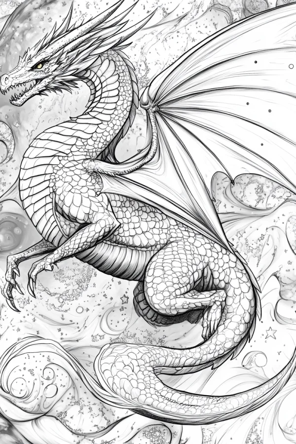 Fantasy giant dragon with detailed scales, wings — free printable dragon coloring book page