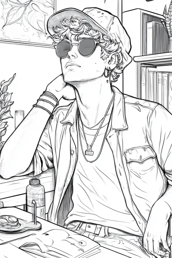 Stylish boy with sunglasses and baseball cap, realistic sketch style — free printable daily leisure coloring book page