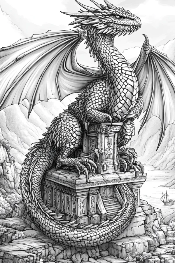 Western dragon perched on ancient stone altar, fantasy realistic sketch style — free printable dragon coloring book page