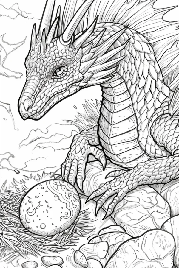 Fantasy dragon guarding its egg, realistic line art style — free printable dragon coloring book page