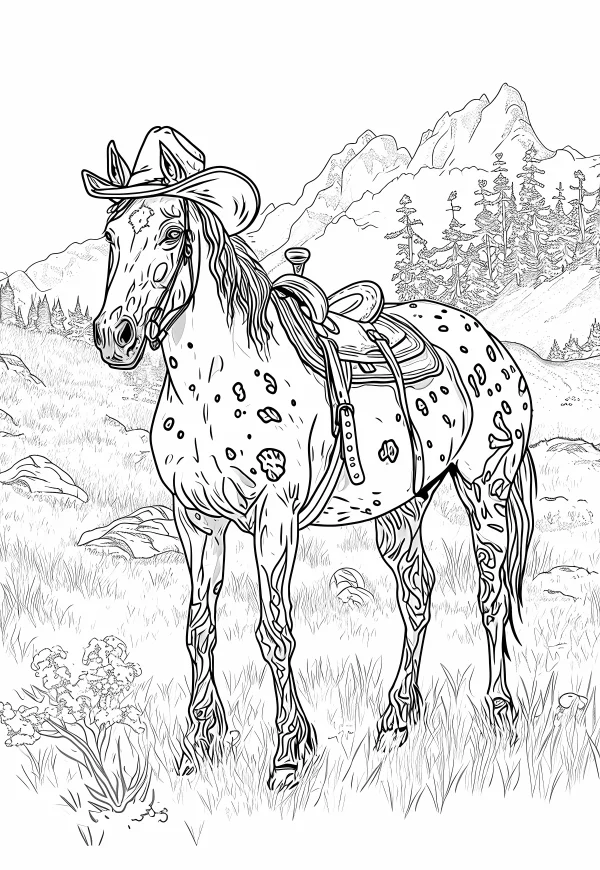 Spotted horse wearing cowboy hat with saddle, realistic line art style — free printable west coloring book page