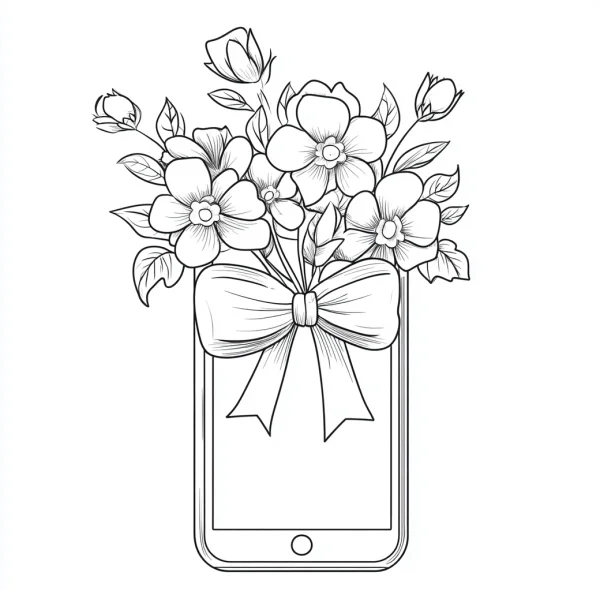 Smartphone vase with flower bouquet and large bow, sketch line art style — free printable living items coloring book page