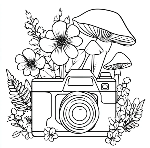 Camera surrounded by flowers and mushrooms, line art style — free printable photography coloring book page