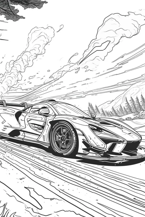 Drifting sports car, realistic illustration style — free printable motorsport coloring book page