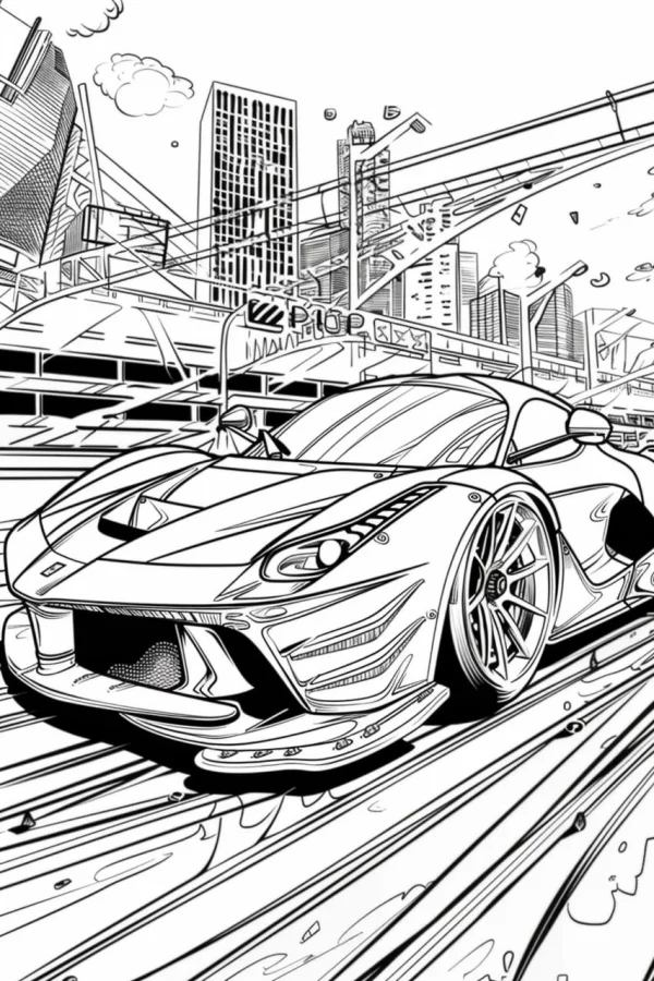 Racing car on urban road, comic style — free printable motorsport coloring book page