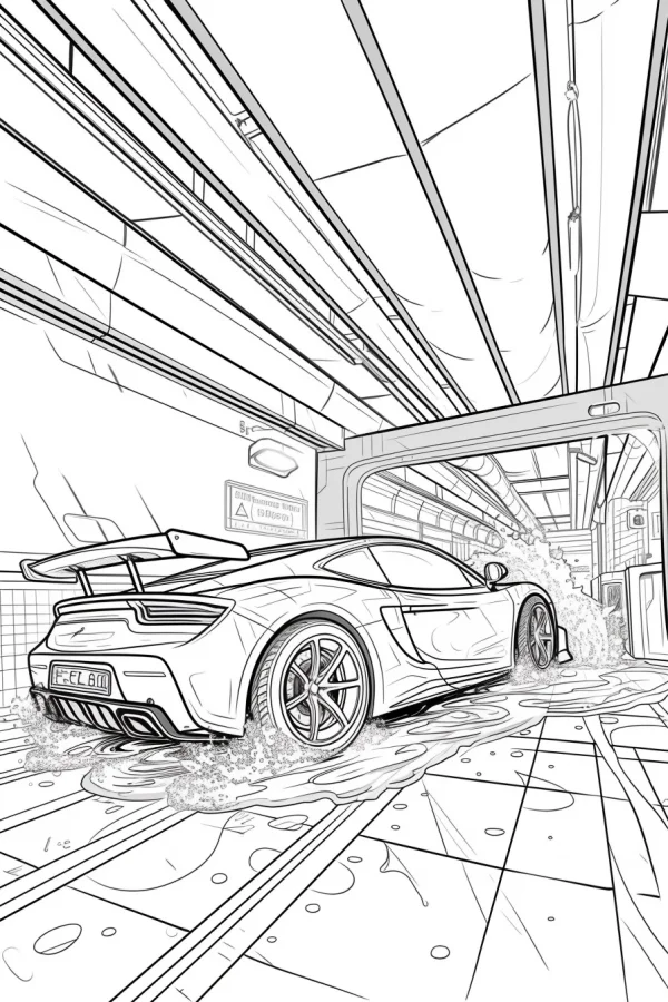 Sports car in car wash station, realistic line art — free printable daily scene coloring book page