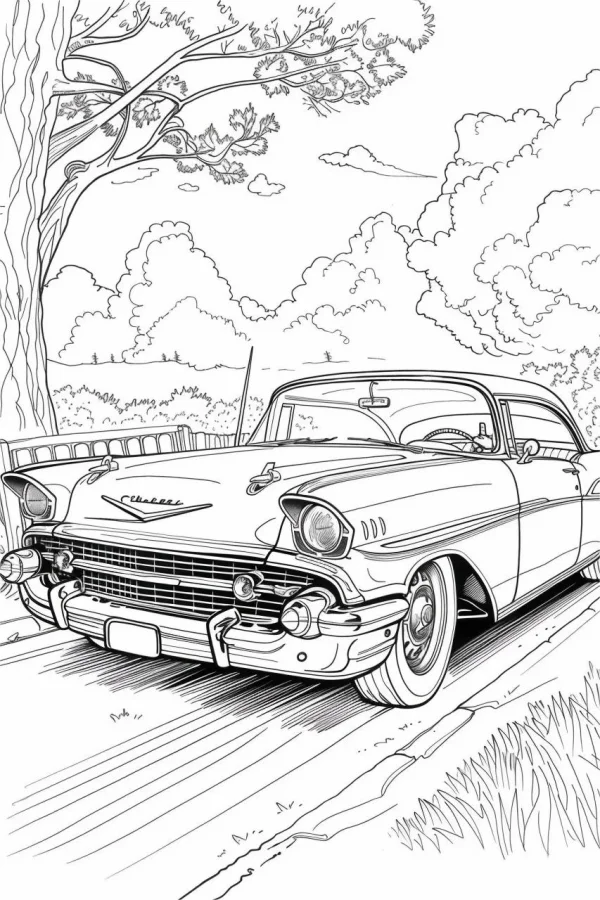 Vintage chevrolet sedan, realistic retro style — free printable outdoor scenery coloring book page
