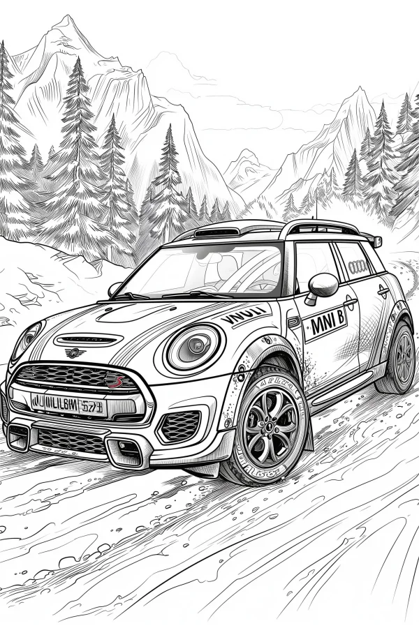 Off-road mini car, sketch art style — free printable outdoor adventure coloring book page