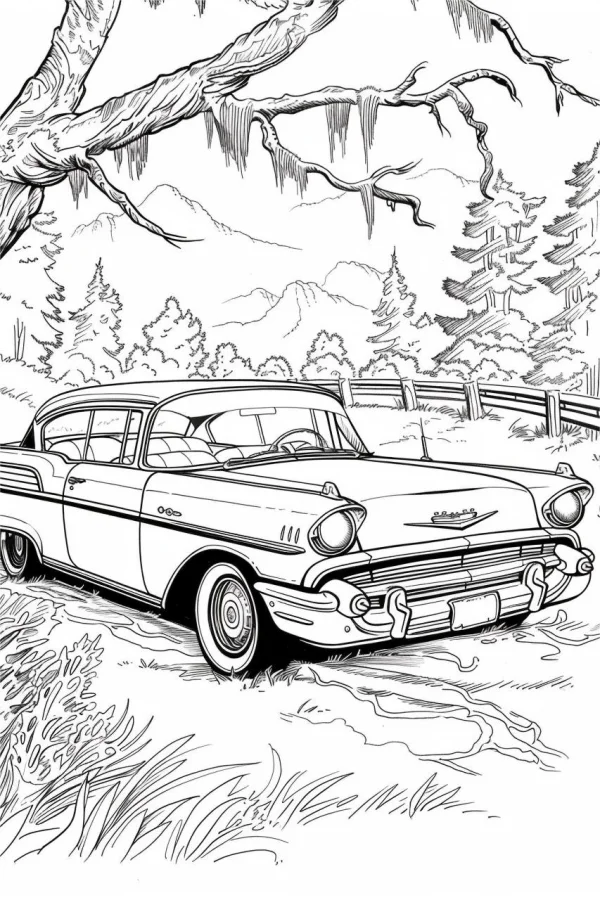 Vintage chevrolet bel air car in outdoor natural scene with trees, mountains — free printable outdoor travel coloring book page