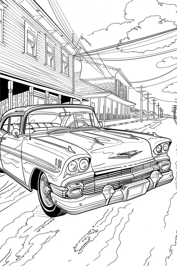 Vintage old-fashioned car, retro style — free printable town scene coloring book page