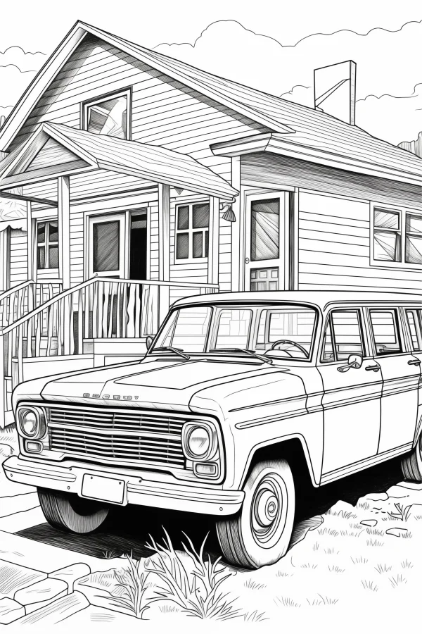 Vintage station wagon in front of a single-family house, realistic style — free printable residential coloring book page