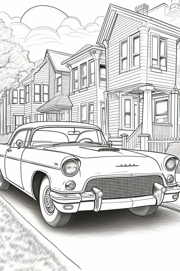 Vintage car parked in front of residential houses, retro realistic style — free printable residential coloring book page