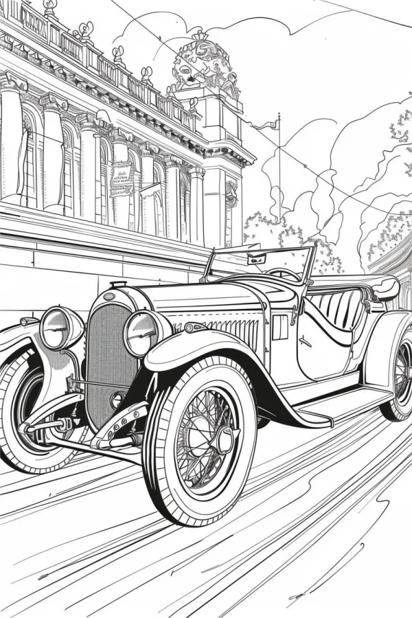 Vintage convertible car, retro realistic style — free printable city scene coloring book page