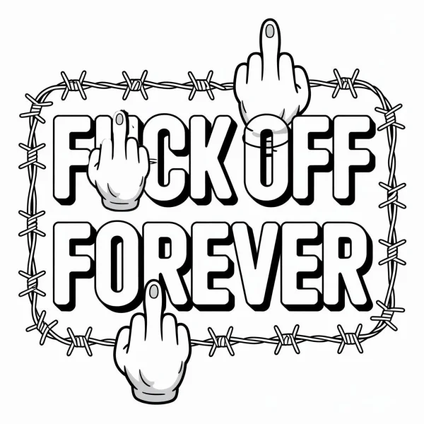 Offensive text 'fuck off forever' with middle finger hands, surrounded by barbed wire — free printable offensive content coloring book page