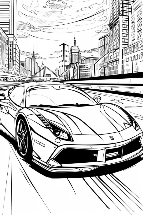 Sports car on urban road, realistic illustration style — free printable city scene coloring book page