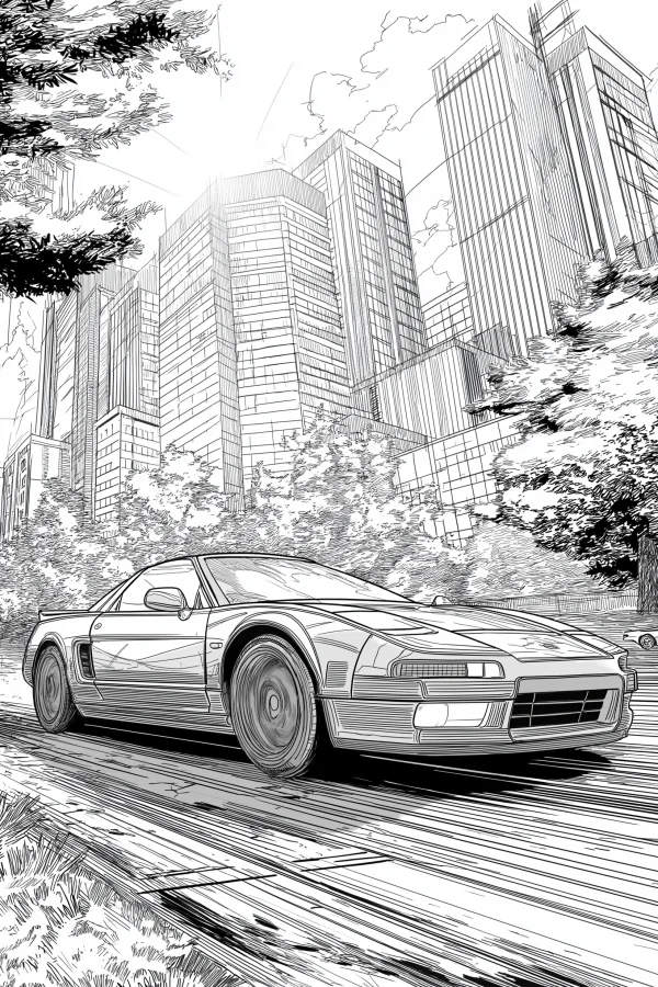 Urban sports car, realistic illustration style — free printable daily commute coloring book page