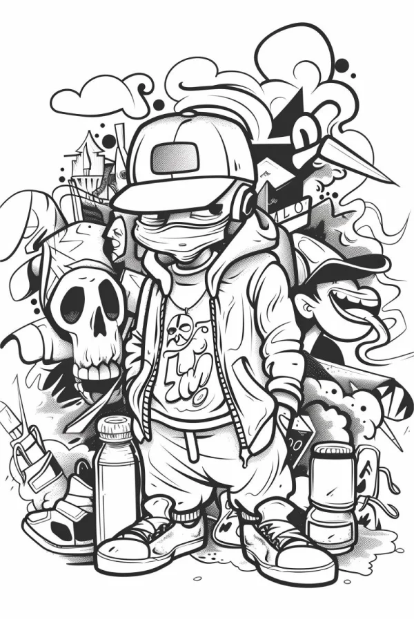 Coloring book page, masked street cartoon character — free printable graffiti art coloring book page