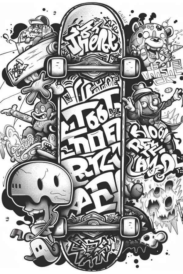 Graffiti-style skateboard surrounded by cartoon characters, street art cartoon style — free printable graffiti art coloring book page