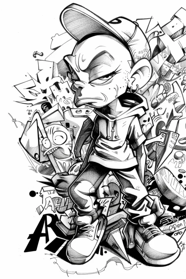 Hip-hop graffiti boy with a backward cap, cartoon graffiti art style — free printable hip hop culture coloring book page