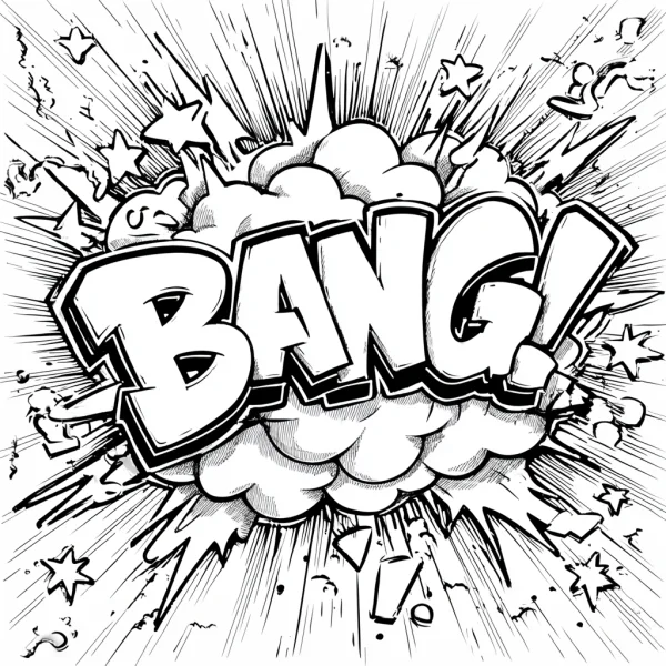 Comic style explosion with 'bang!' onomatopoeia text, bold smooth hand-drawn lines — free printable comic coloring book page