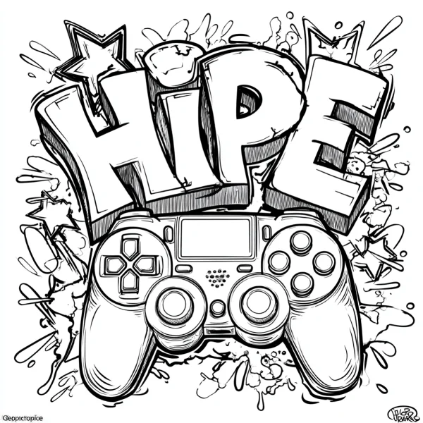 Graffiti-style "hype" text above game controller, street art style — free printable games coloring book page