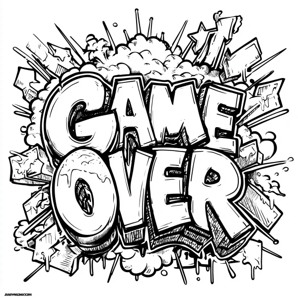 Graffiti style 'game over' text, surrounded by explosion clouds — free printable games coloring book page
