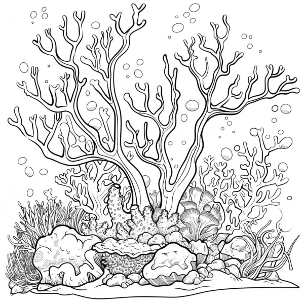 Underwater coral reef group, line art style — free printable underwater world coloring book page