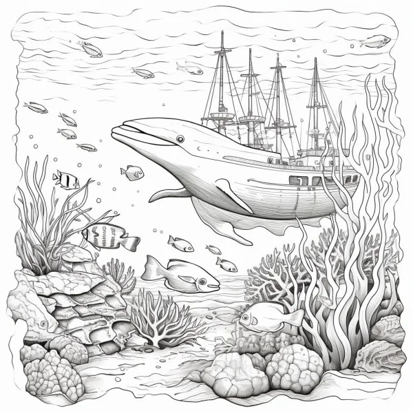 Dolphin and sunken three-masted sailing ship in underwater scene, sketch style — free printable underwater world coloring book page