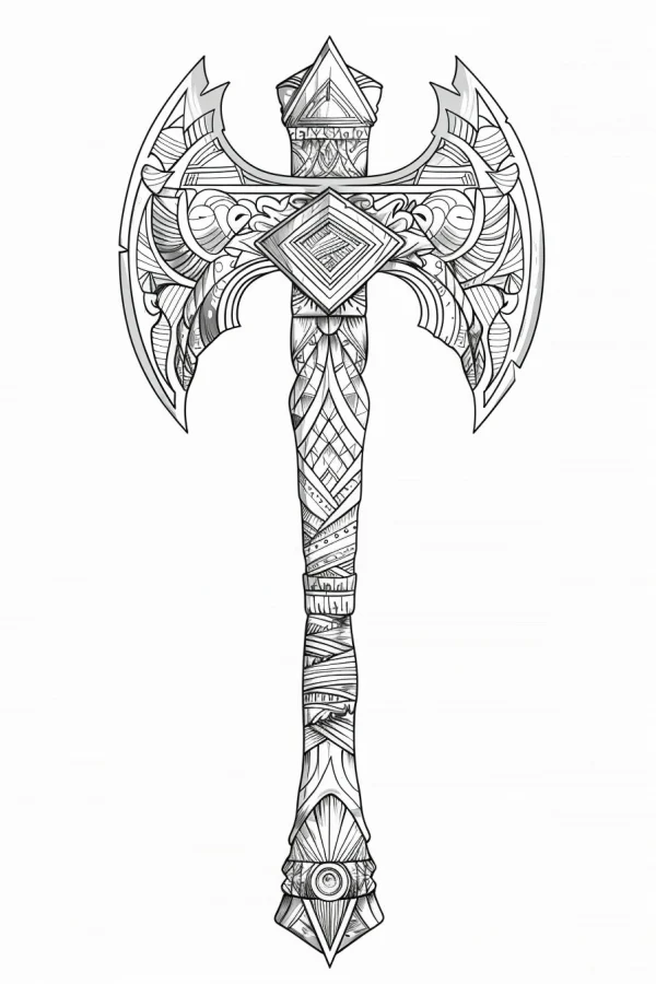 Decorative tribal battle axe, fantasy style — free printable tribal culture coloring book page